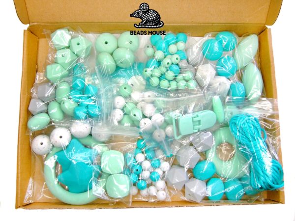 Silicone Teething Beads Set Mint Turquoise Over 140 Beads 5m Cord beads mouse