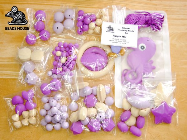 Silicone Teething Beads Set Purple Over 140 Beads 5m Cord beads mouse