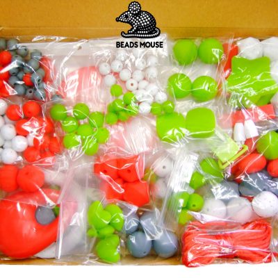 Silicone Teething Beads Set Strawberry Gray Over 140 Beads 5m Cord beads mouse
