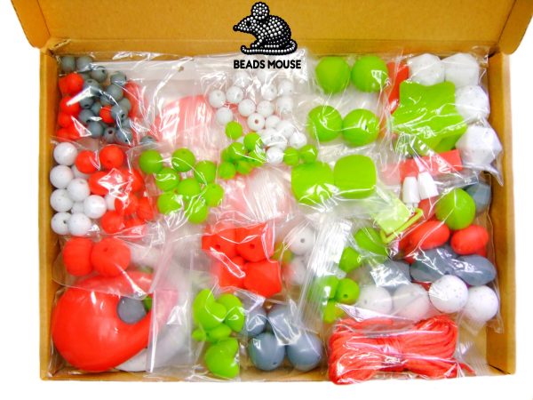 Silicone Teething Beads Set Strawberry Gray Over 140 Beads 5m Cord beads mouse