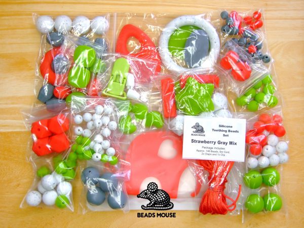 Silicone Teething Beads Set Strawberry Gray Over 140 Beads 5m Cord beads mouse