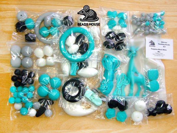 Silicone Teething Beads Set Turquoise Black White Over 130 Beads Cord beads mouse