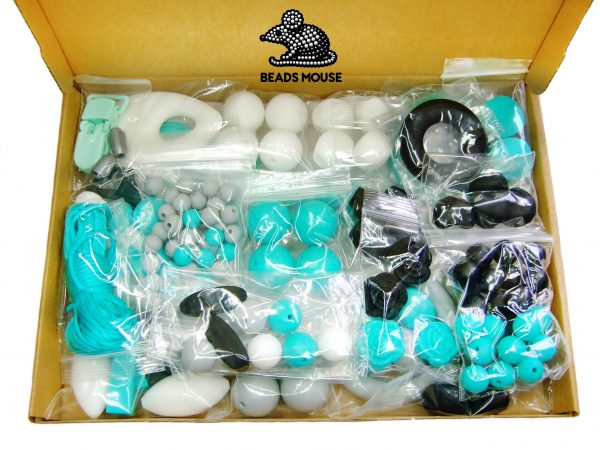 Silicone Teething Beads Set Turquoise Black White Over 130 Beads Cord beads mouse