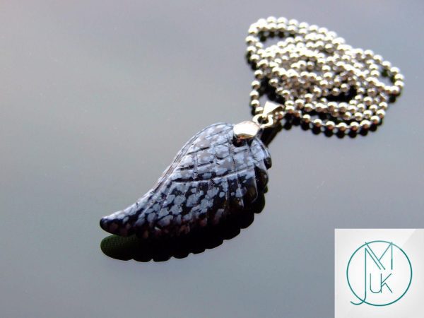 Snowflake Obsidian Natural Gemstone Angel Wing Pendant Necklace Michael's UK Jewellery