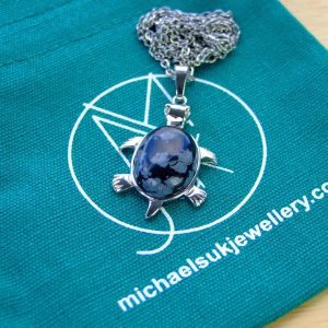 Snowflake Obsidian Necklace Turtle Pendant Natural Gemstone With Pouch Michael's UK Jewellery