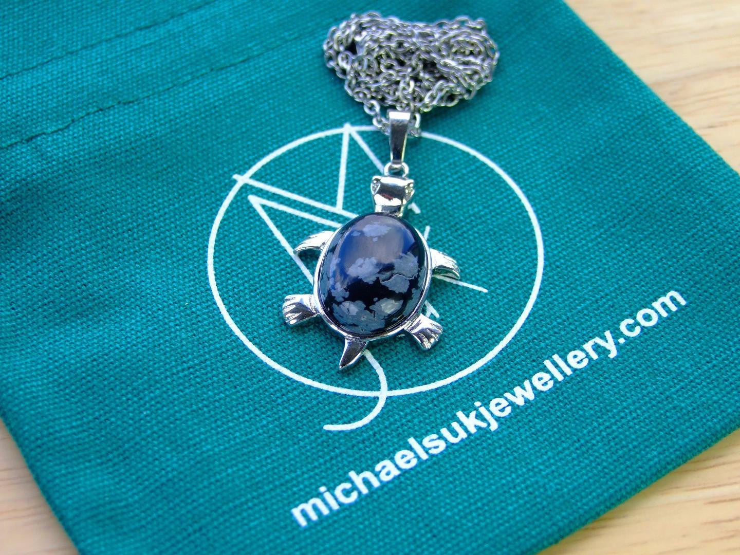 Snowflake Obsidian Necklace Turtle Pendant Natural Gemstone With Pouch Michael's UK Jewellery
