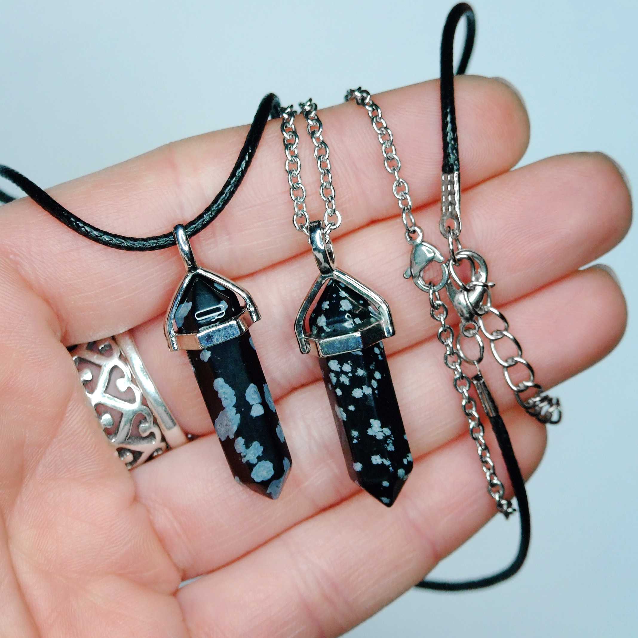 Snowflake Obsidian Point Pendant Necklace beadsmouse.co.uk minetomind.com