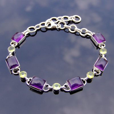 Solid 925 Sterling Silver Amethyst Peridot Natural Gemstone Bracelet Michael's UK Jewellery