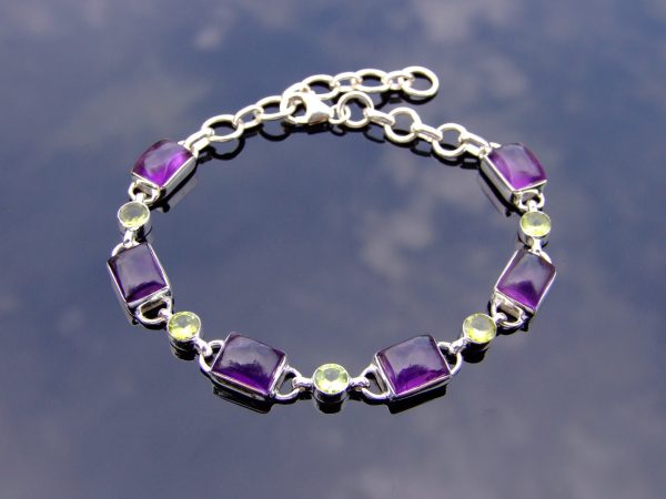 Solid 925 Sterling Silver Amethyst Peridot Natural Gemstone Bracelet Michael's UK Jewellery