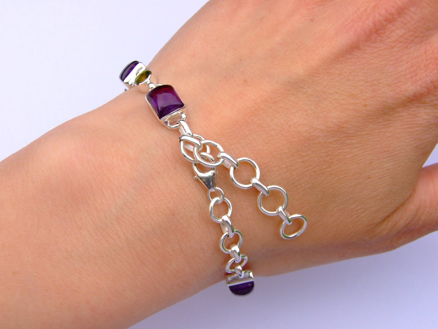 Solid 925 Sterling Silver Amethyst Peridot Natural Gemstone Bracelet Michael's UK Jewellery