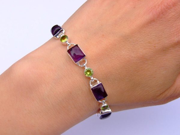 Solid 925 Sterling Silver Amethyst Peridot Natural Gemstone Bracelet Michael's UK Jewellery