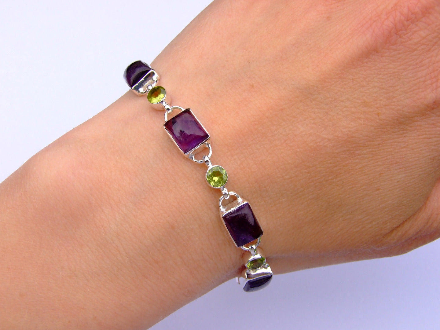 Solid 925 Sterling Silver Amethyst Peridot Natural Gemstone Bracelet Michael's UK Jewellery
