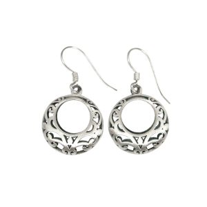 Solid 925 Sterling Silver Earrings Round Hollow Filigree Drop with Pouch Michael's UK Jewellery