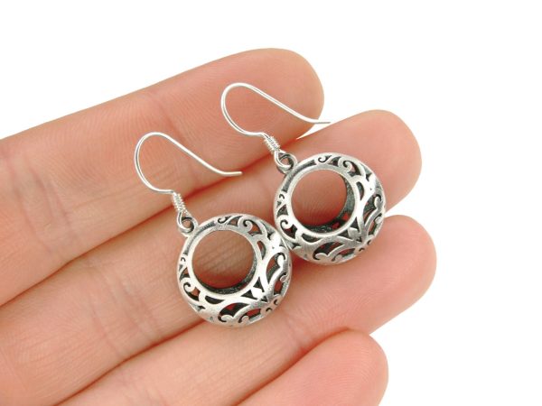 Solid 925 Sterling Silver Earrings Round Hollow Filigree Drop with Pouch Michael's UK Jewellery