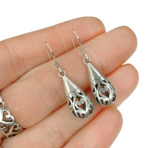 Solid 925 Sterling Silver Earrings Tear Hollow Filigree Drop with Pouch Michael's UK Jewellery