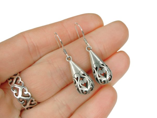 Solid 925 Sterling Silver Earrings Tear Hollow Filigree Drop with Pouch Michael's UK Jewellery
