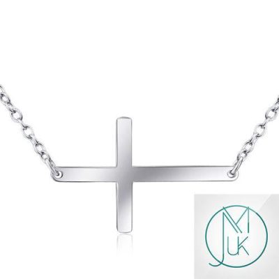 Solid 925 Sterling Silver Horizontal Sideways Cross Charm Necklace Michael's UK Jewellery