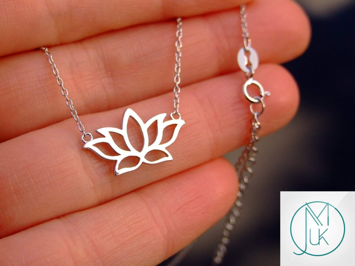 Solid 925 Sterling Silver Lotus Flower Outline Charm Necklace Michael's UK Jewellery