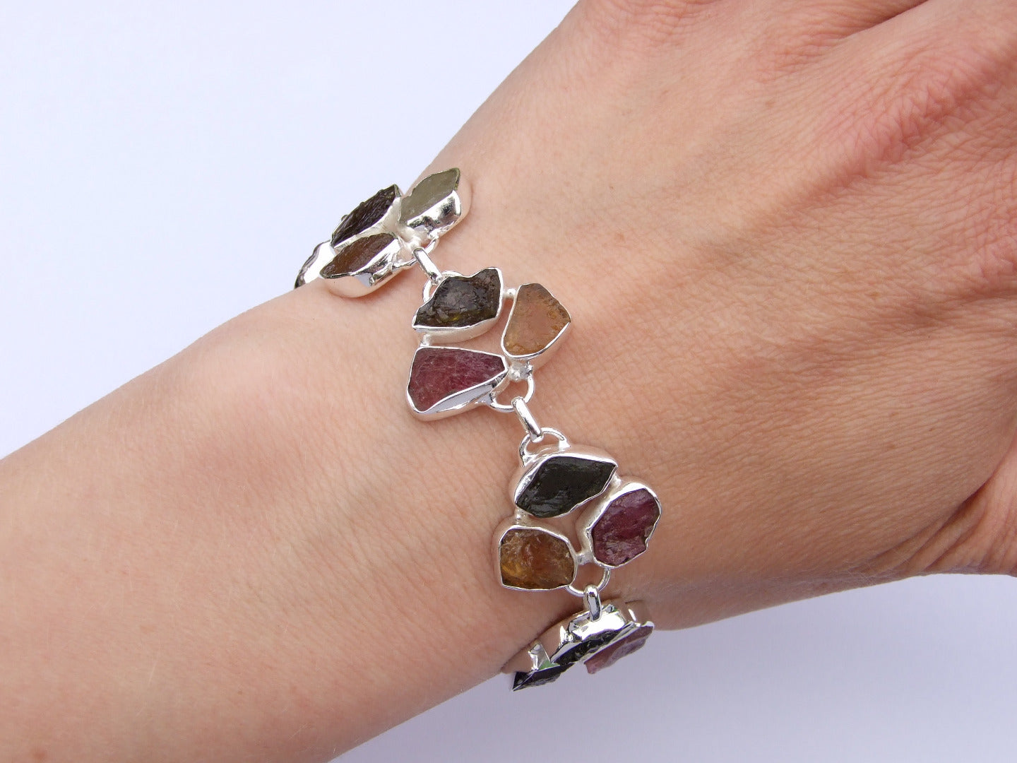 Solid 925 Sterling Silver Raw Tourmaline Citrine Peridot Natural Gemstone Bracelet Michael's UK Jewellery