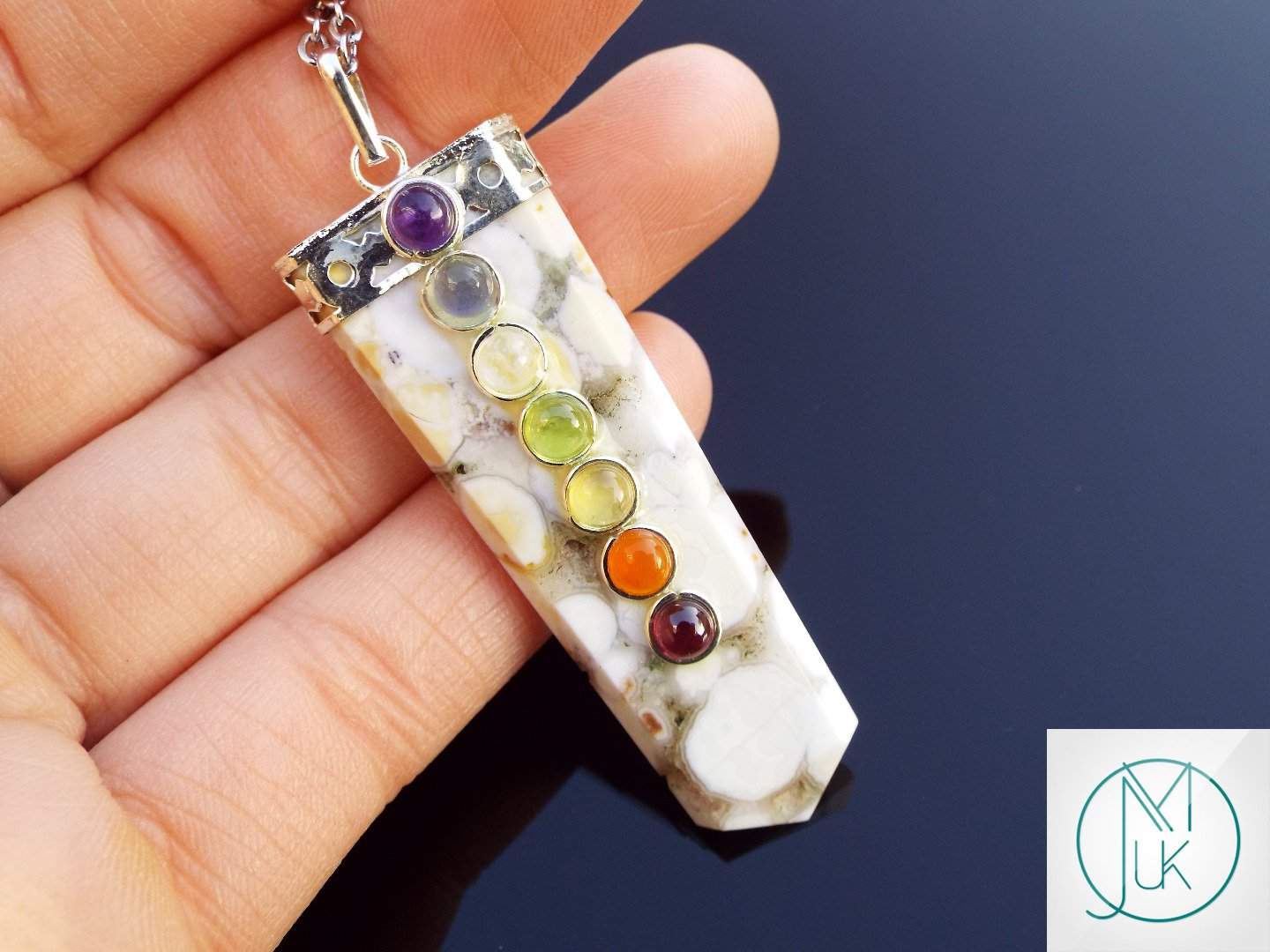 Spotted Agate 7 Chakra Natural Gemstone Pendant Necklace 50cm Michael's UK Jewellery
