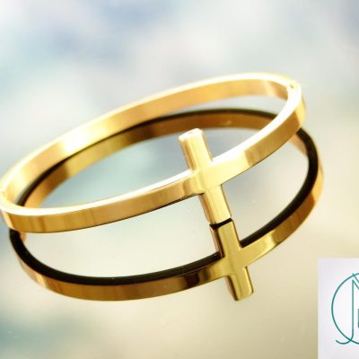 Stainless Steel Gold Tone Sideways Cross Bracelet Michael's UK Jewellery