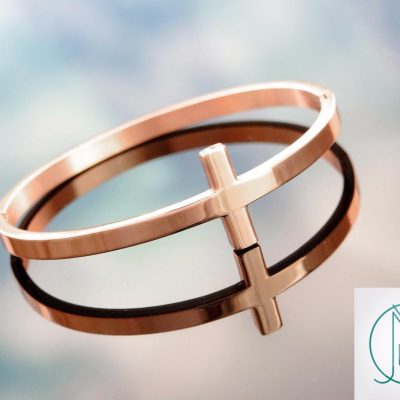 Stainless Steel Rose Gold Tone Sideways Cross Bracelet Michael's UK Jewellery