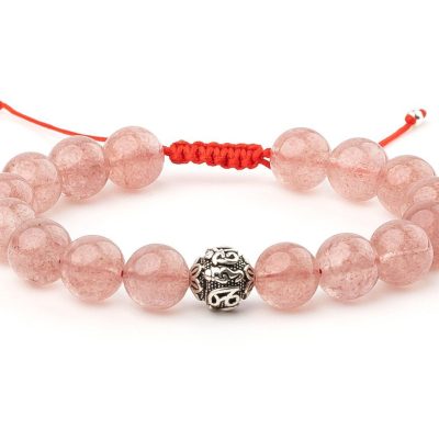 Strawberry Quartz 10mm Om Sterling Silver Natural Gemstone Bracelet 6-9'' Macrame Michael's UK Jewellery