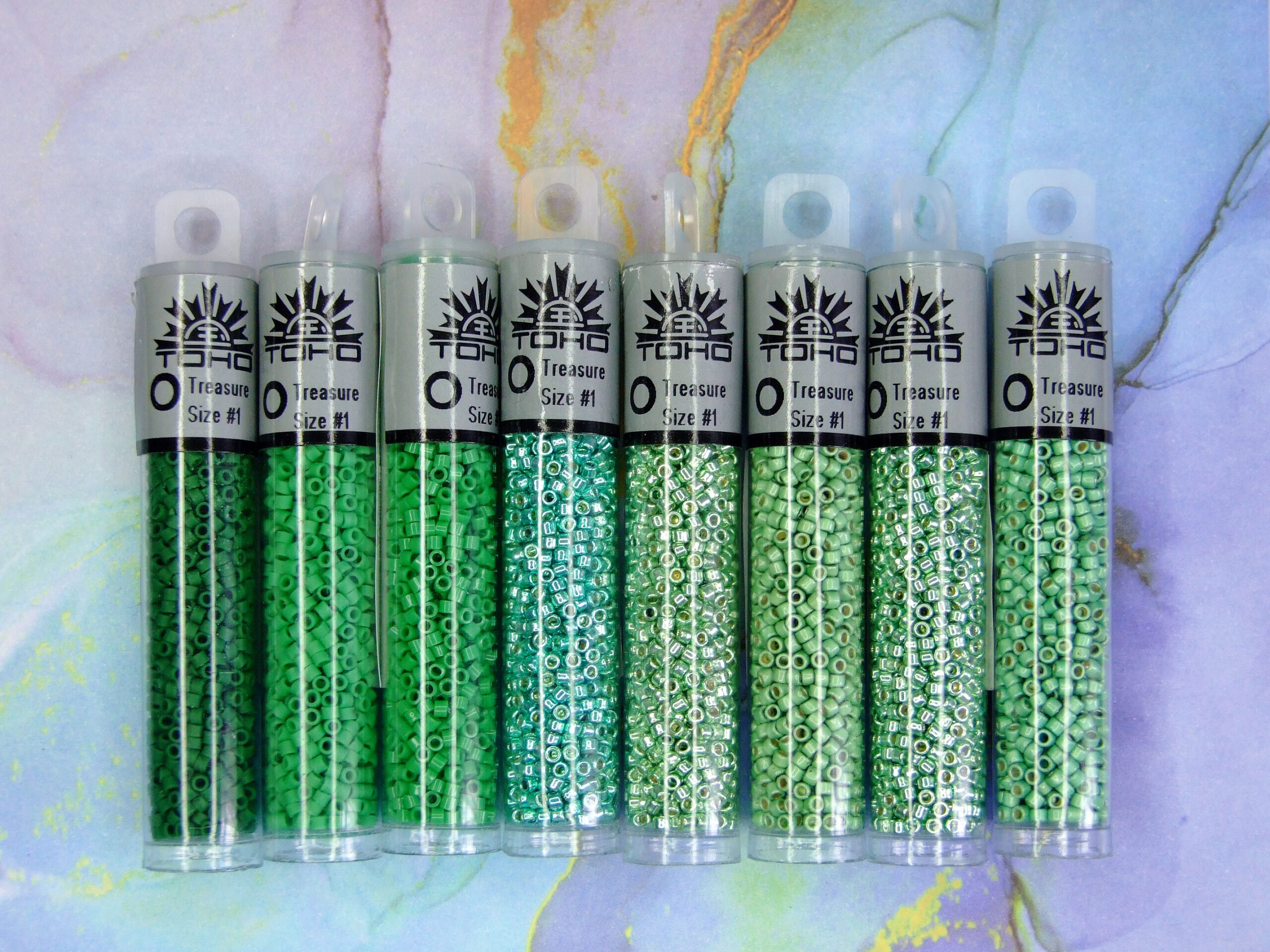 TOHO Treasure Seed Beads 8 Green Colours PermaFinish BEADSMOUSE.CO.UK
