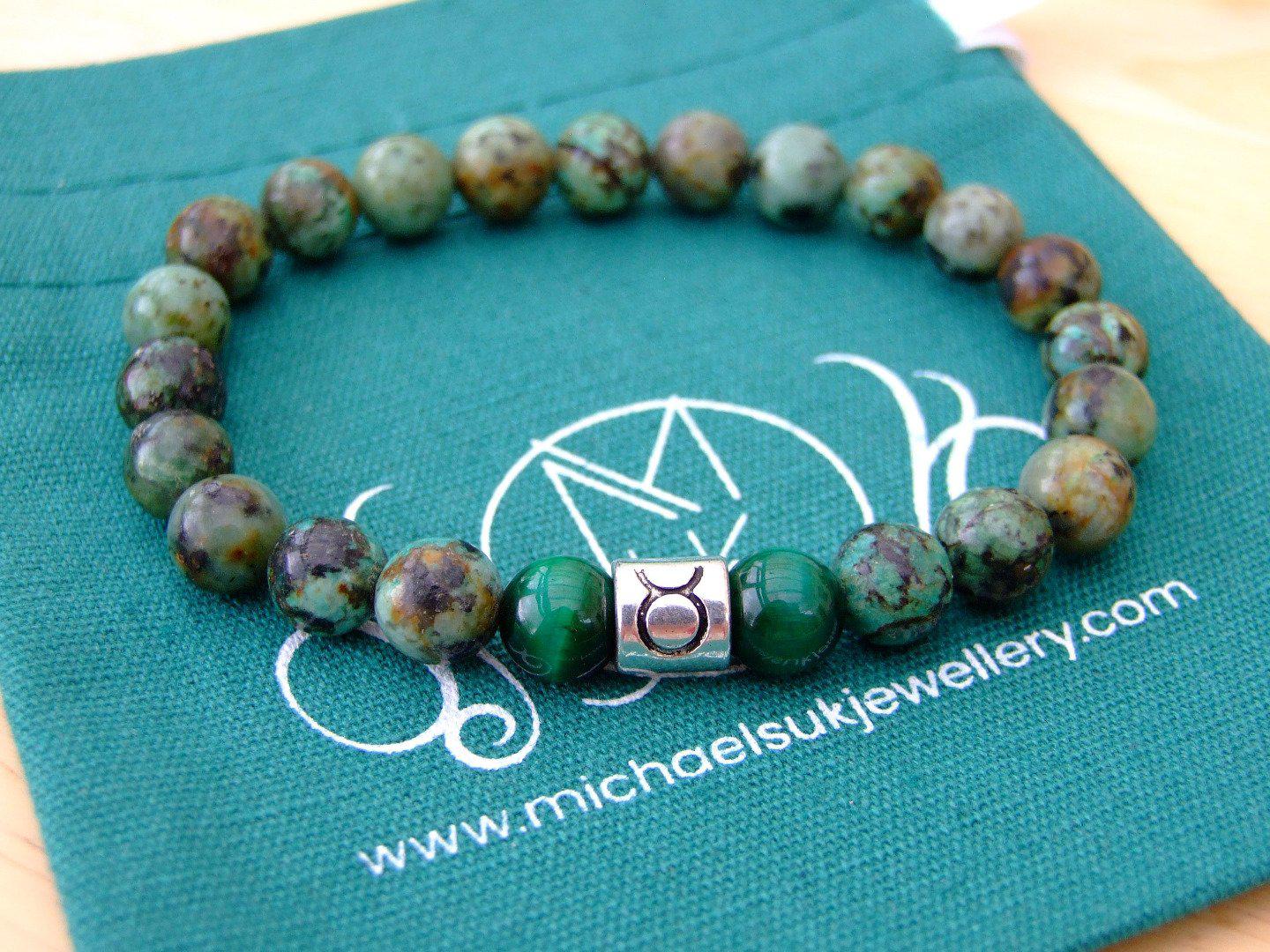 Taurus African Turquoise Tiger Eye Birthstone Bracelet 6-9'' Elasticated Michael's UK Jewellery