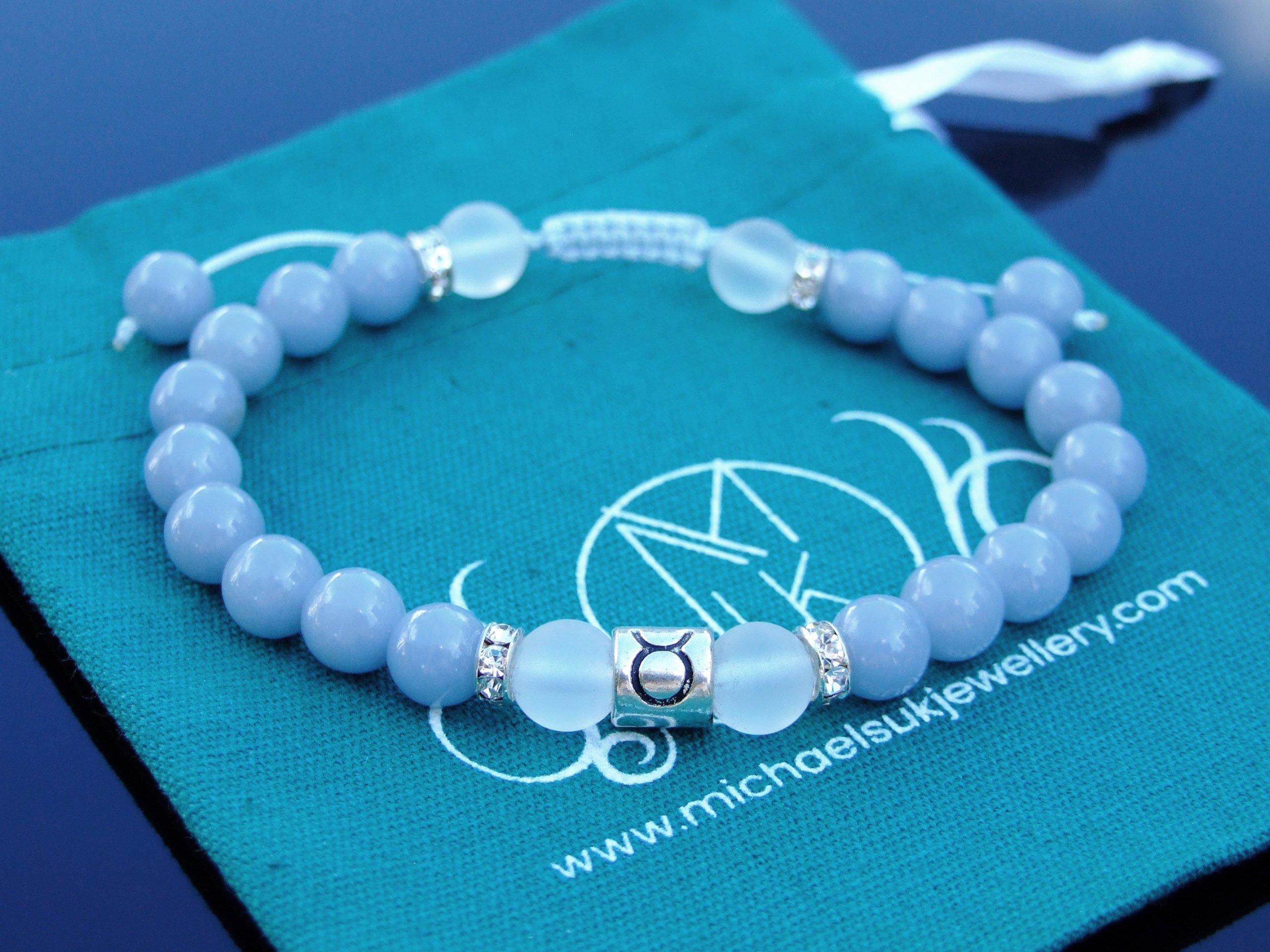 Taurus Angelite Quartz Birthstone Bracelet 6-9'' Macrame Michael's UK Jewellery