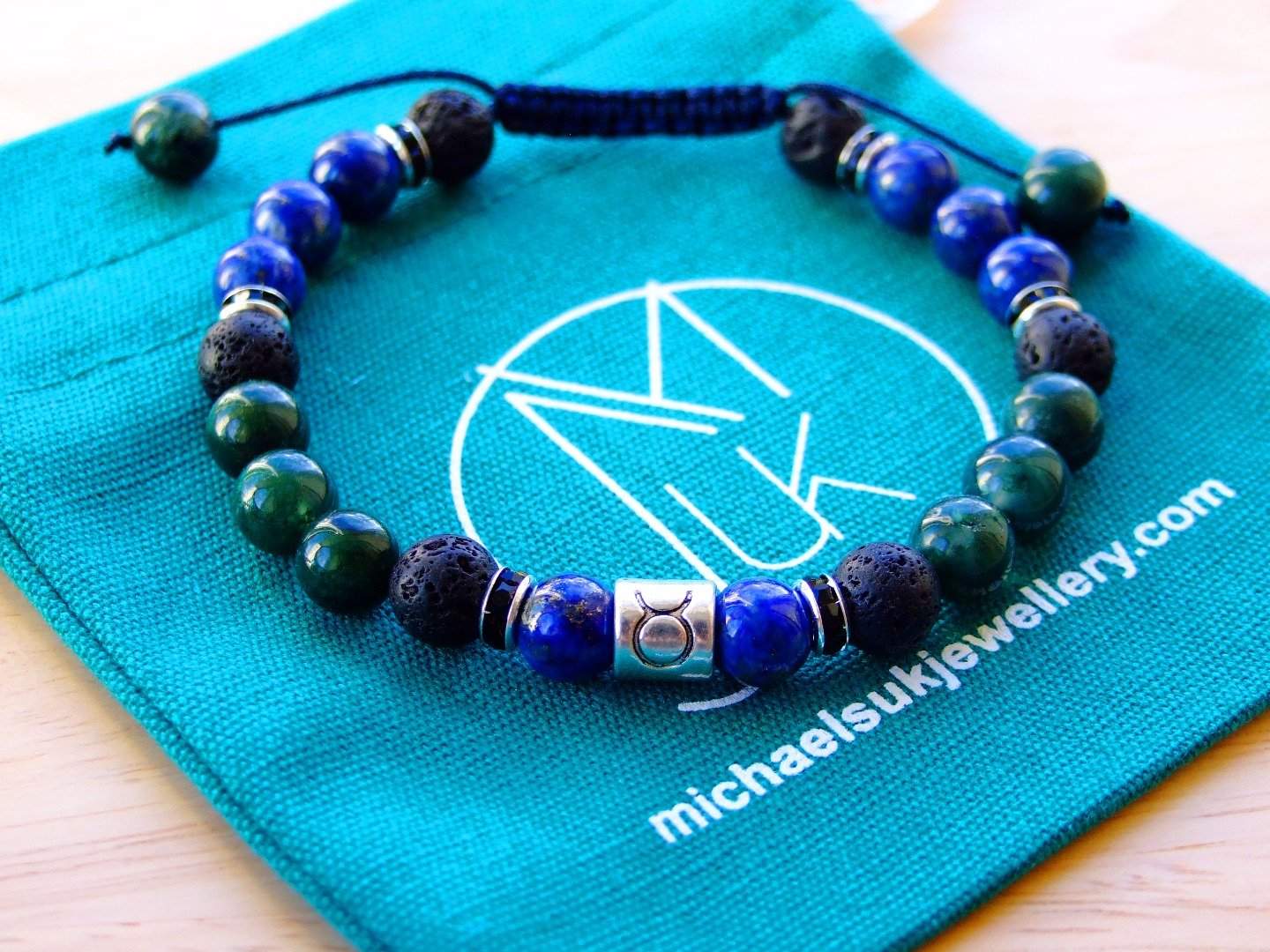 Taurus Lapis Lazuli Moss Agate Birthstone Bracelet 6-9'' Macrame Michael's UK Jewellery