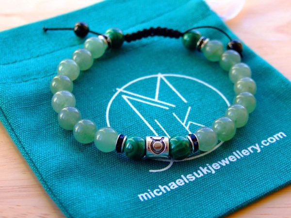 Taurus Malachite Aventurine Birthstone Bracelet 6-9'' Macrame Michael's UK Jewellery
