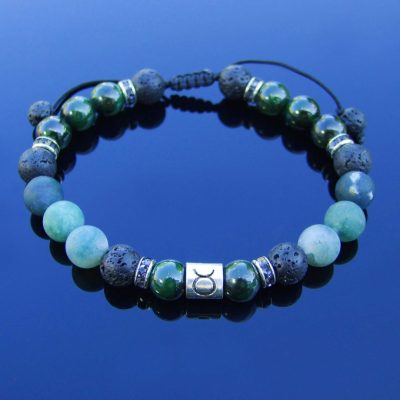 Taurus Moss Agate Green Jade Birthstone Bracelet 6-9'' Macrame Michael's UK Jewellery