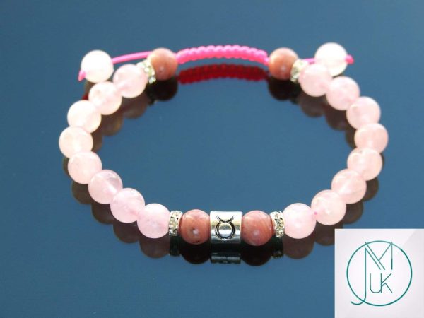 Taurus Rhodonite Rose Quartz Birthstone Bracelet 6-9'' Macrame Michael's UK Jewellery