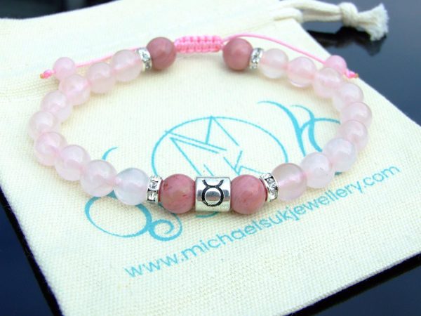 Taurus Rhodonite Rose Quartz Birthstone Bracelet 6-9'' Macrame Michael's UK Jewellery