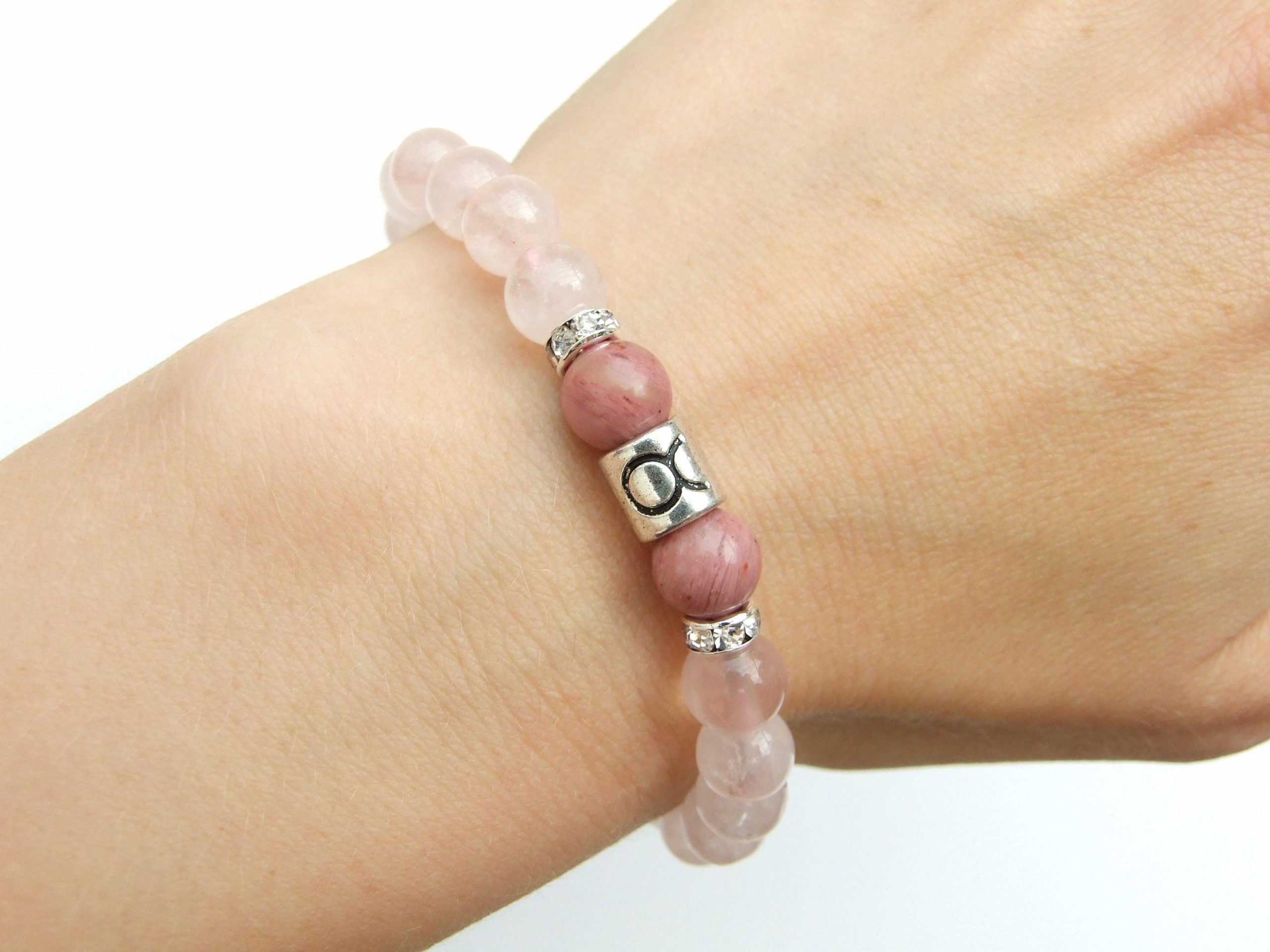 Taurus Rhodonite Rose Quartz Birthstone Bracelet 6-9'' Macrame Michael's UK Jewellery