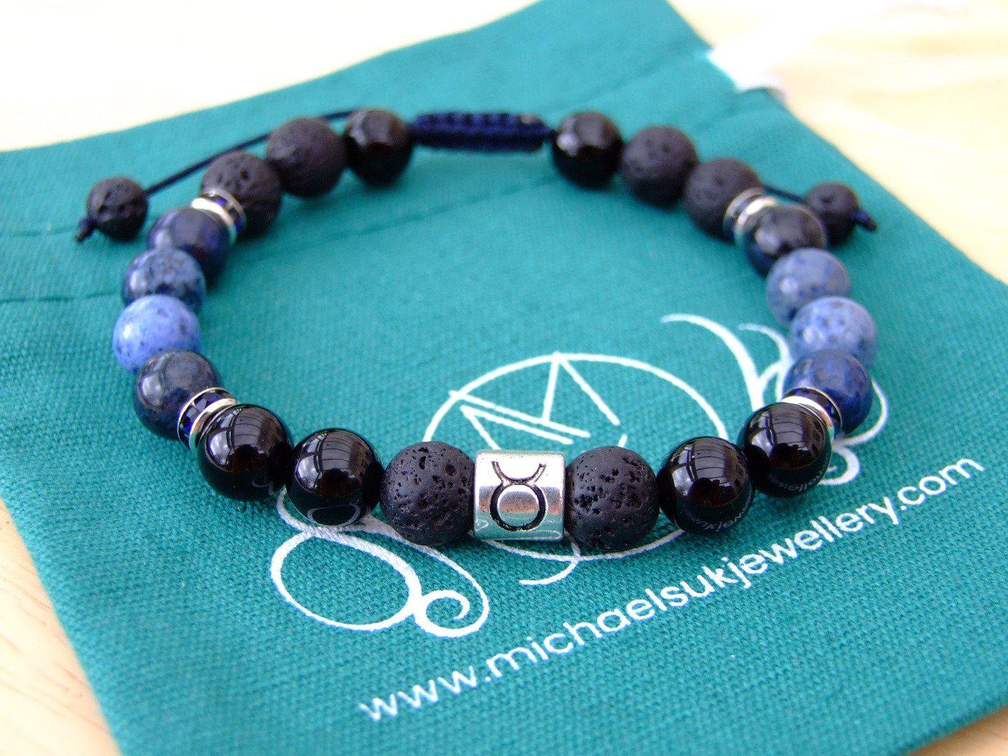 Taurus Tourmaline Dumortierite Birthstone Bracelet 6-9'' Macrame Michael's UK Jewellery