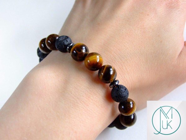 Tiger Eye Lava 10mm Natural Gemstone Bracelet 7-7.5'' Elasticated Michael's UK Jewellery