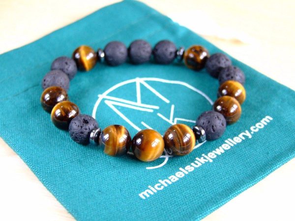 Tiger Eye Lava 10mm Natural Gemstone Bracelet 7-7.5'' Elasticated Michael's UK Jewellery