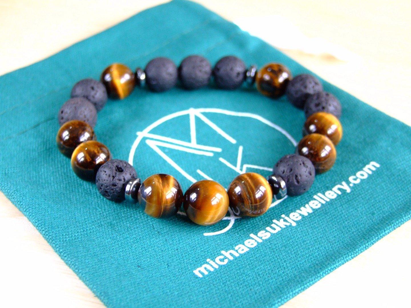 Tiger Eye Lava 10mm Natural Gemstone Bracelet 7-7.5'' Elasticated Michael's UK Jewellery