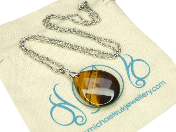 Tiger Eye Necklace Tear Pendant Natural Gemstone 50cm Chain with Pouch Michael's UK Jewellery