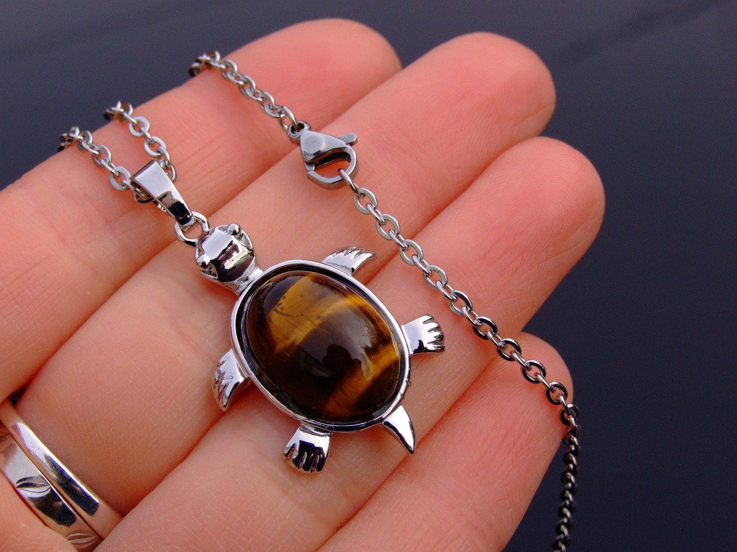 Tigers Eye Necklace Turtle Pendant Natural Gemstone With Pouch Michael's UK Jewellery