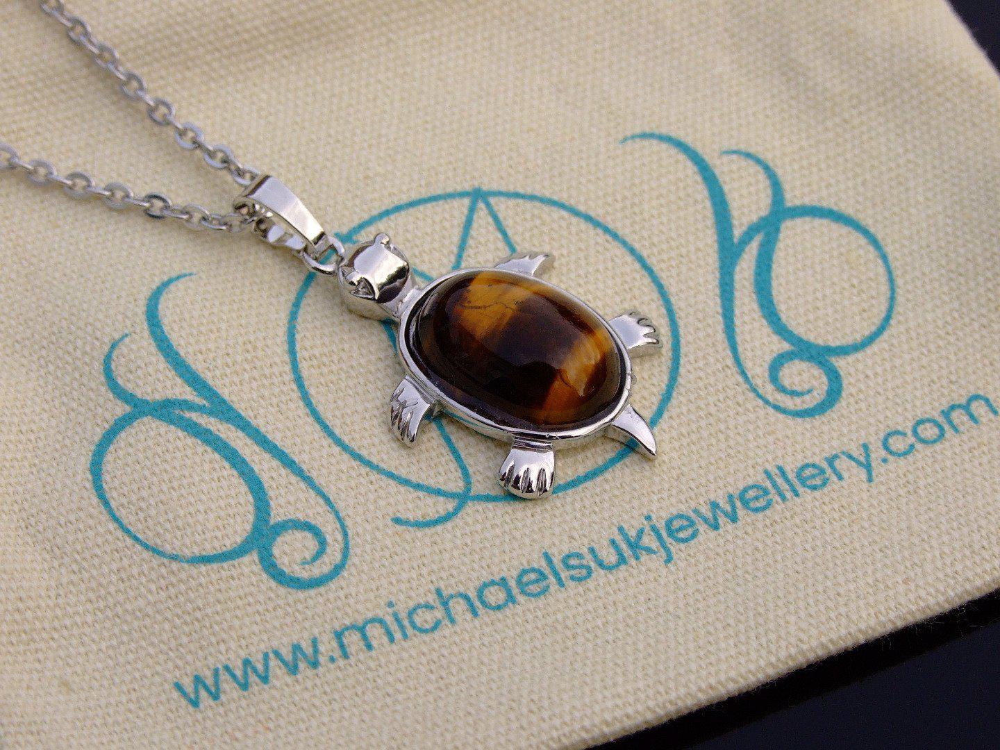 Tigers Eye Necklace Turtle Pendant Natural Gemstone With Pouch Michael's UK Jewellery