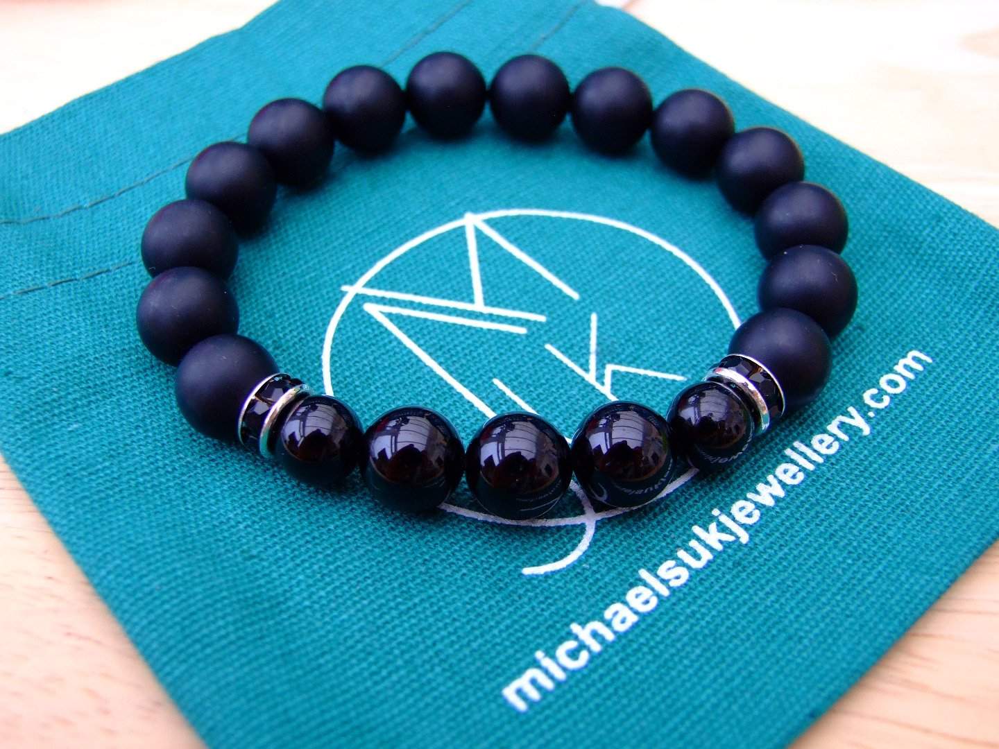 Tourmaline/Onyx 10mm Natural Gemstone Bracelet 6-9'' Elasticated Michael's UK Jewellery