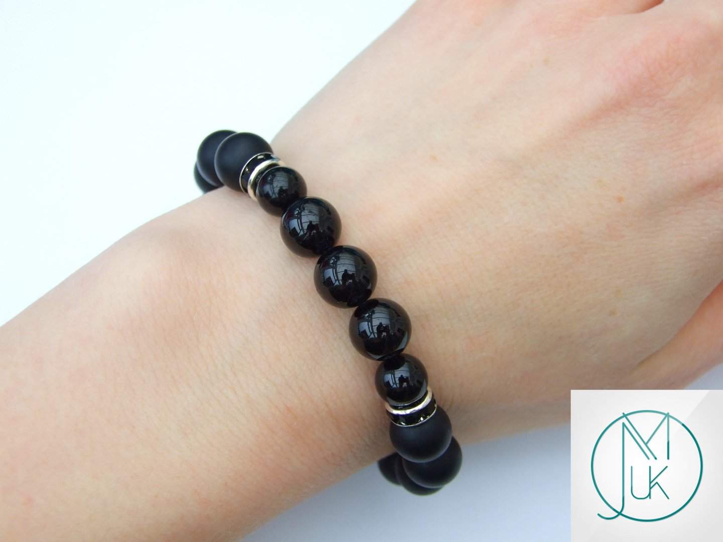 Tourmaline/Onyx 10mm Natural Gemstone Bracelet 6-9'' Elasticated Michael's UK Jewellery