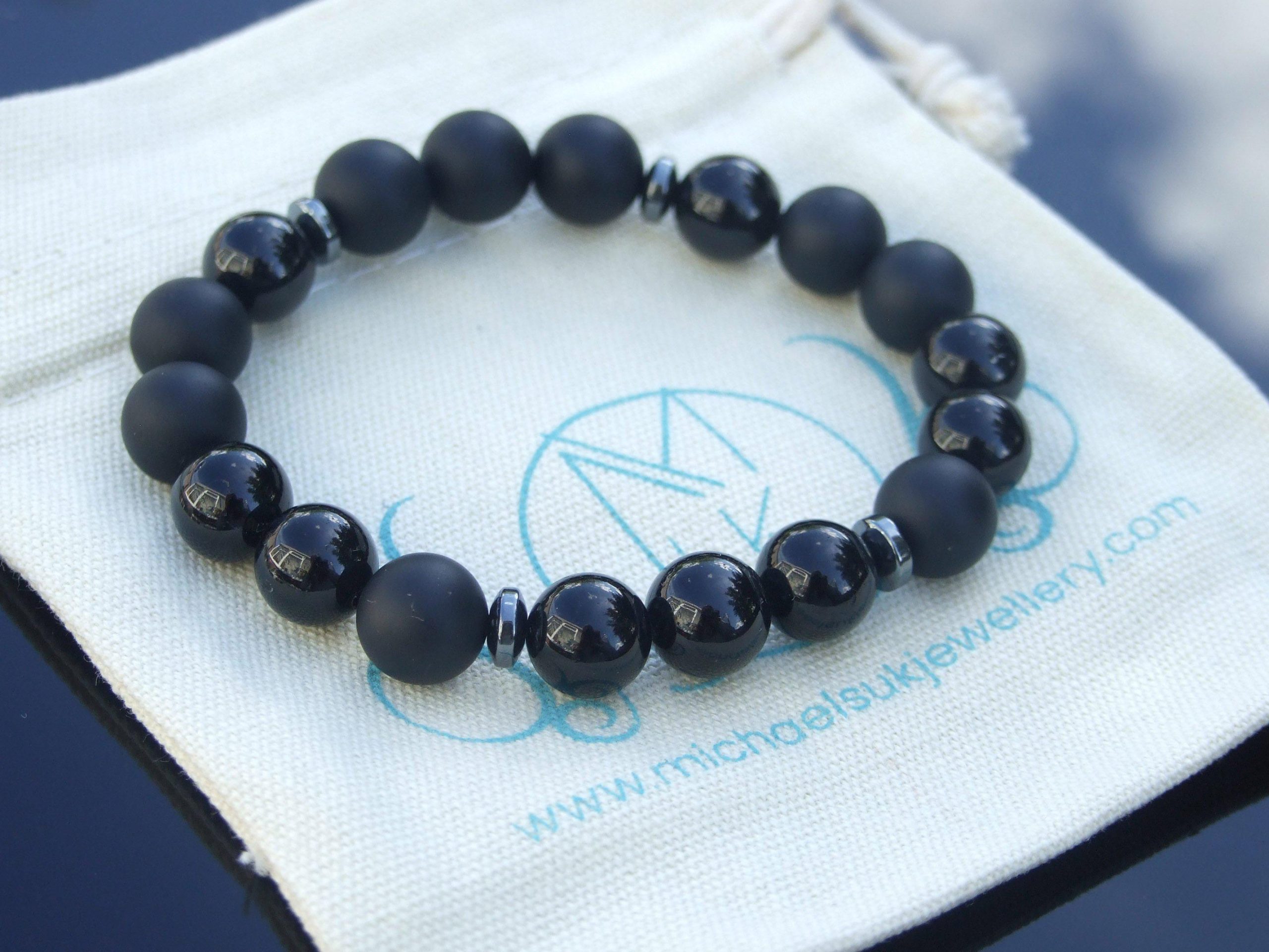Tourmaline/Onyx Natural Gemstone Bracelet 7-7.5'' Elasticated Michael's UK Jewellery