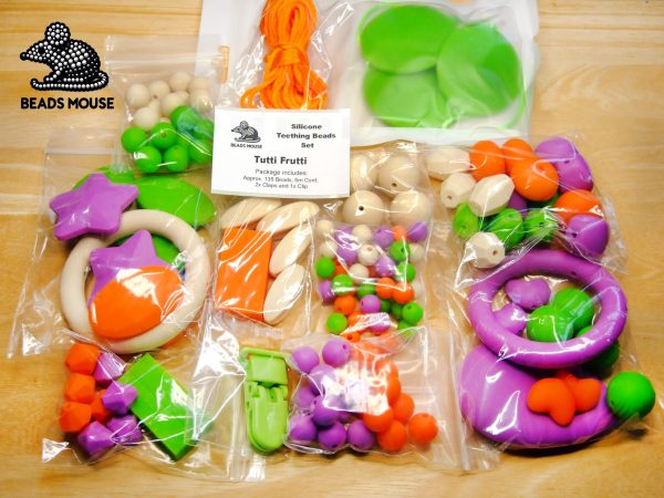 Silicone Teething Beads Set Tutti Frutti Over 135 Beads 5m Cord beads mouse