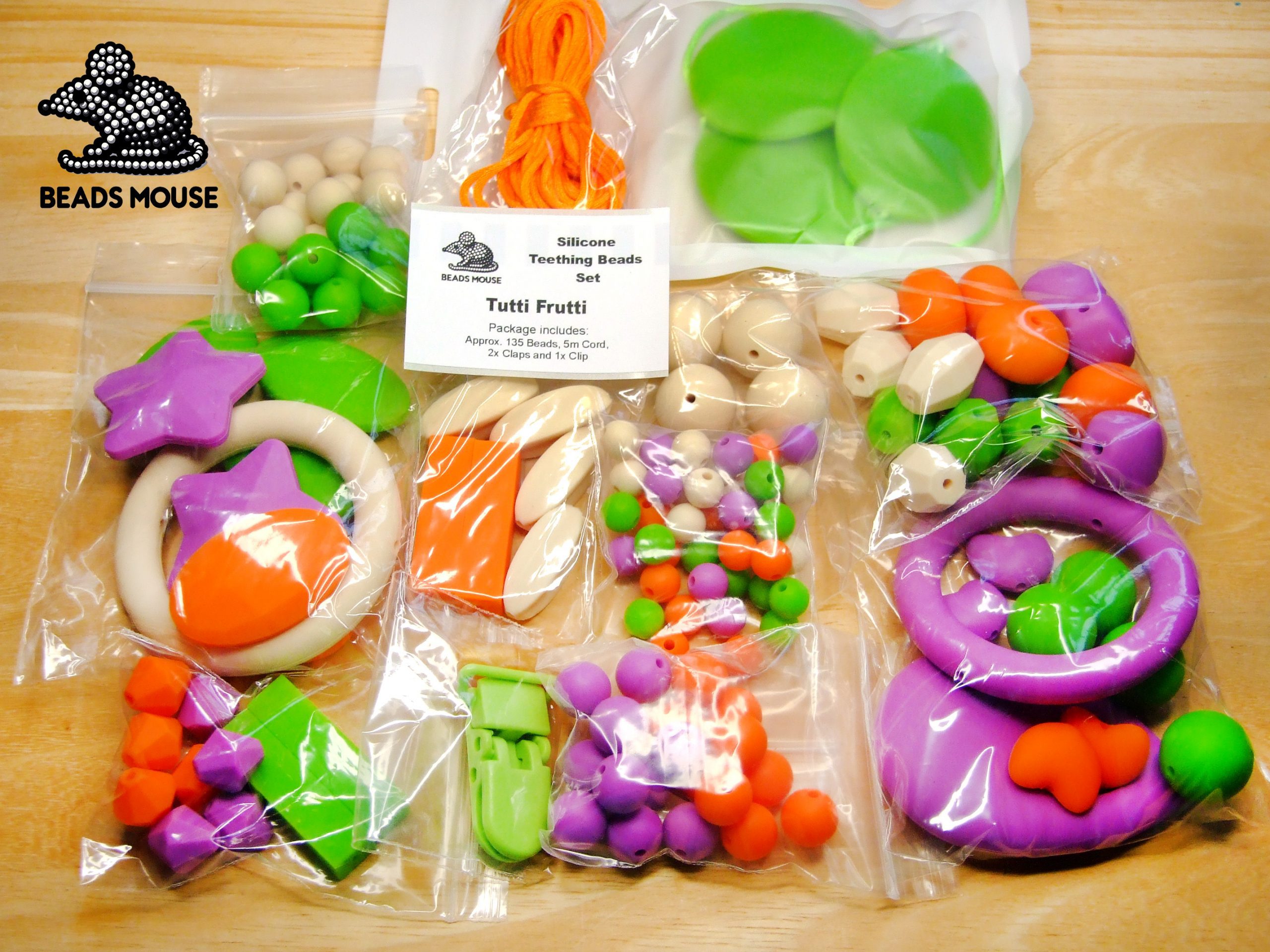 Silicone Teething Beads Set Tutti Frutti Over 135 Beads 5m Cord beads mouse