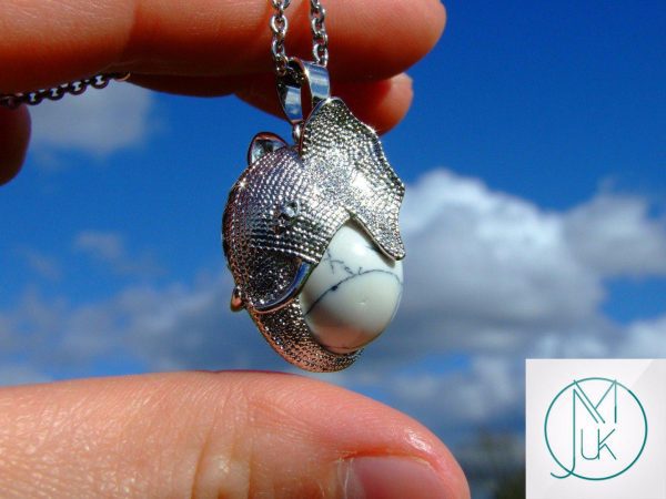 White Howlite Elephant Head Natural Gemstone Pendant Necklace 50cm Michael's UK Jewellery
