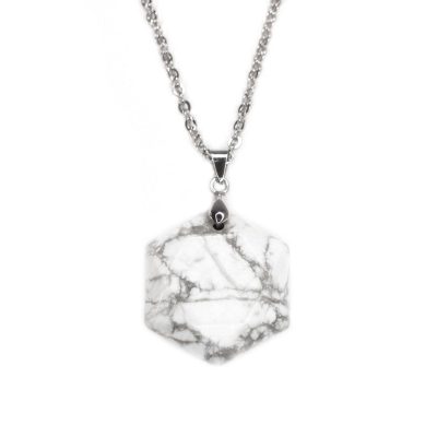 Gemstone Necklace White Howlite Hexagon Pendant Natural beads mouse
